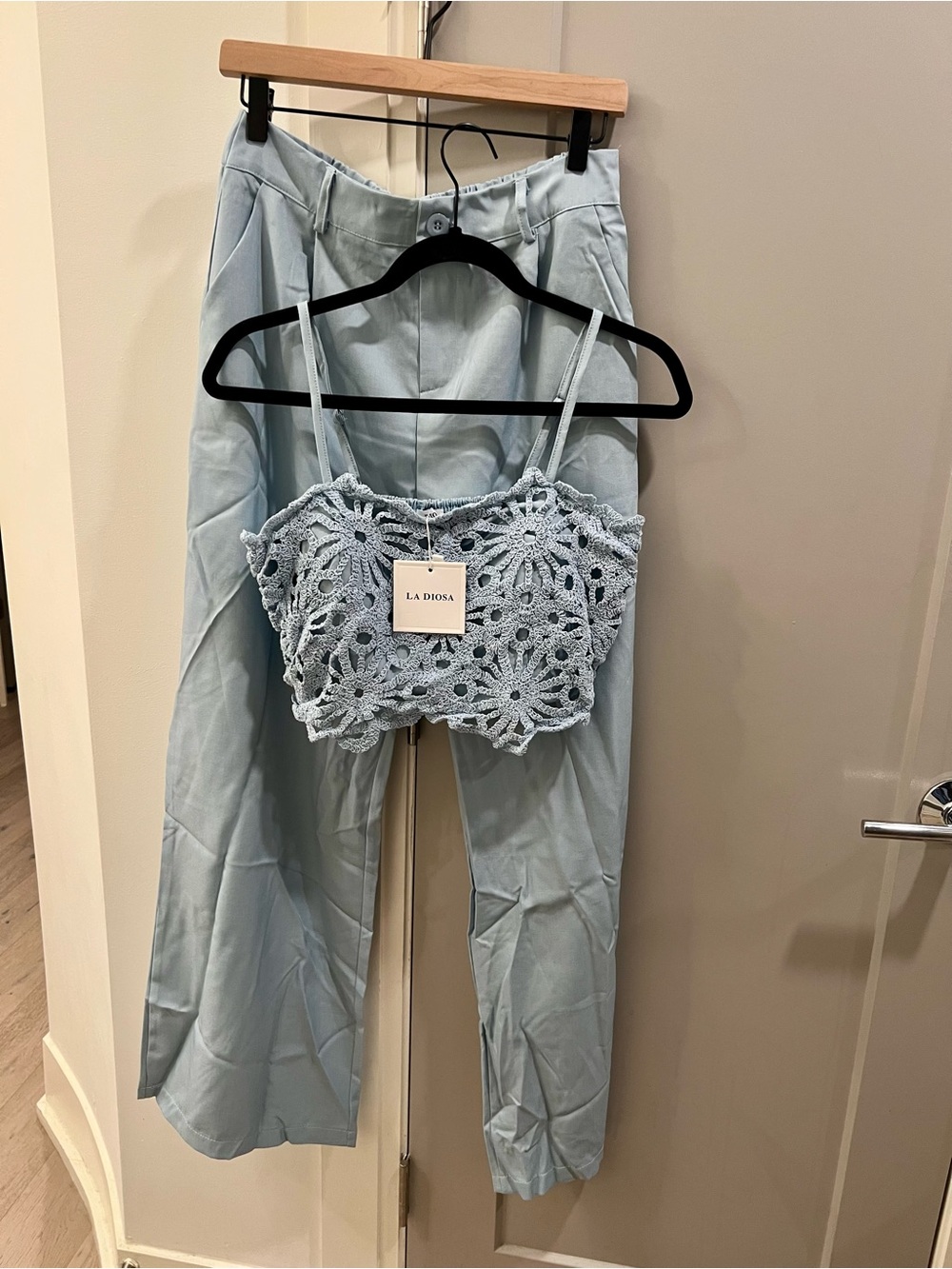 La Diosa Crochet Crop Top & Light Blue Trousers Set